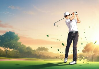 Young golfer swinging a club on a beautiful sunset golf course