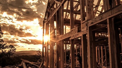 Obraz premium Construction workers collaborating on a house during golden hour with realistic depth and detail