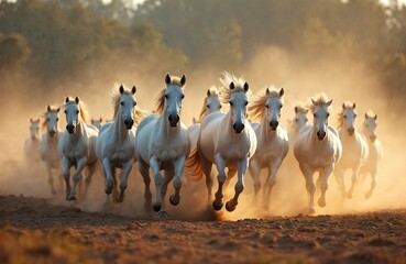 Majestic herd of white horses gallops across dusty field in dynamic motion. Sunlight enhances their beauty. Horses kick up dust during run. They symbolize freedom, power. Natural beauty rural scene.