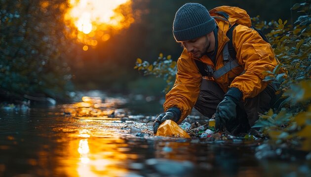 Eco conscious activist collecting litter by a riverbank with dramatic lighting and water reflections