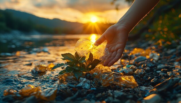 Close up of a child s hands collecting litter, promoting sustainability education in warm lighting