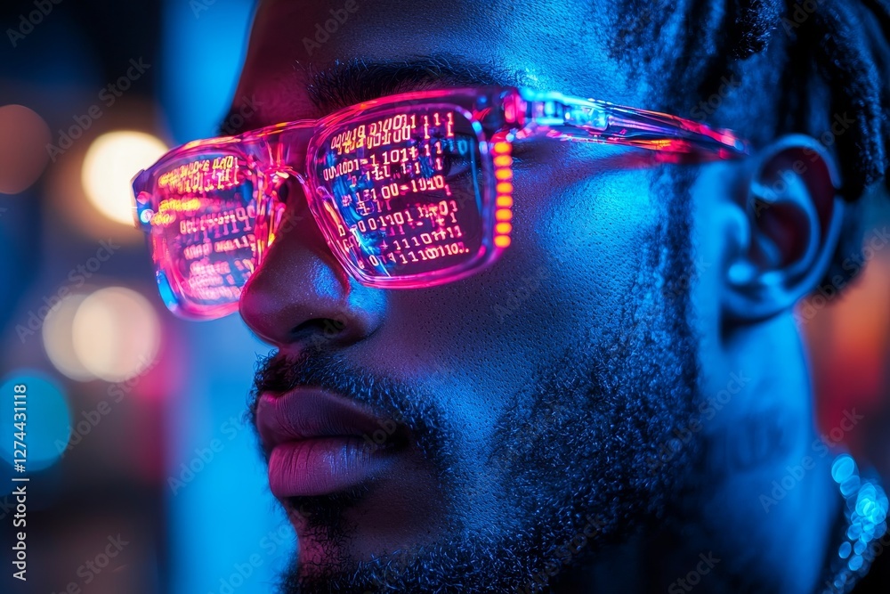 Wall mural side view of a programmer in a dark room with neon code reflecting on their glasses