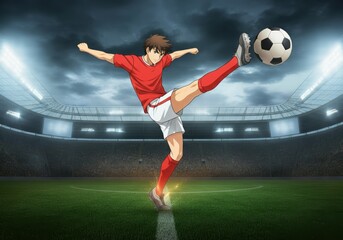 Naklejka premium Animated soccer player kicking a ball in a dynamic stadium setting
