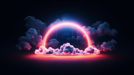 Obraz premium 3D render, abstract cloud illuminated with neon light ring on dark night sky. Glowing geometric shape, round frame, a surreal 