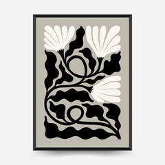Abstract dark floral posters template. Modern trendy Matisse minimal style. Black and white colors. Hand drawn design for wallpaper, wall decor, print, postcard, cover, template, banner.