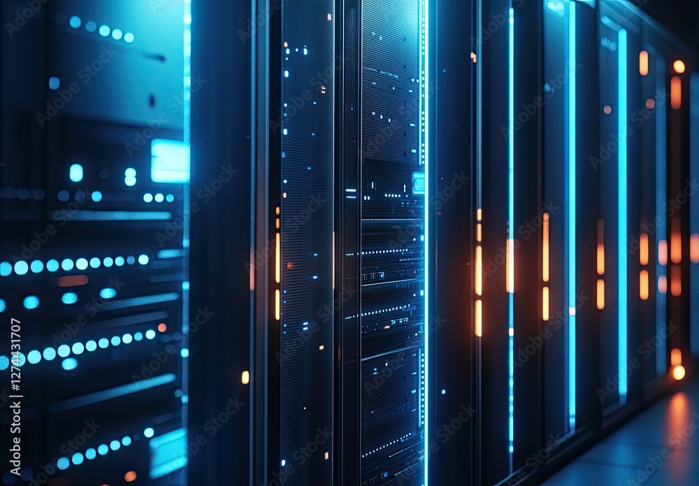 Poster close-up of glowing server racks in a futuristic data center with blue and orange lights. ideal for 