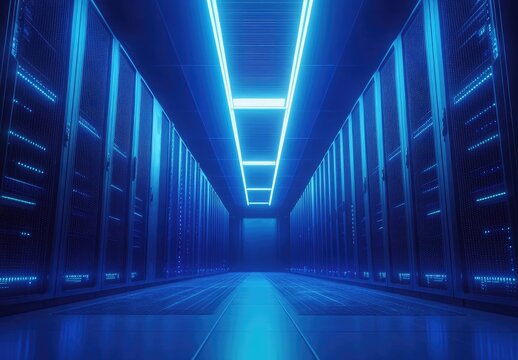 Futuristic data center with glowing blue server racks and illuminated ceiling lights, creating a high-tech environment. Ideal for cybersecurity, cloud computing, digital infrastructure, and IT