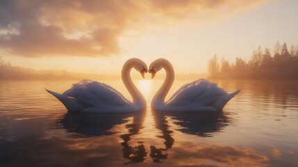 Fototapeta premium Majestic Swans Forming a Heart at Sunrise Over a Serene Lake