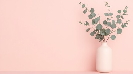 a eucalyptus branches in a ceramic vase against a pastel pink background, creating a serene and minimalist aesthetic