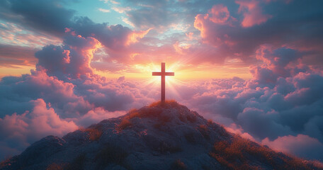 Fototapeta premium Serene mountain landscape cross illuminated by vibrant sunlight with dramatic divine Easter God rebirth atmosphere.