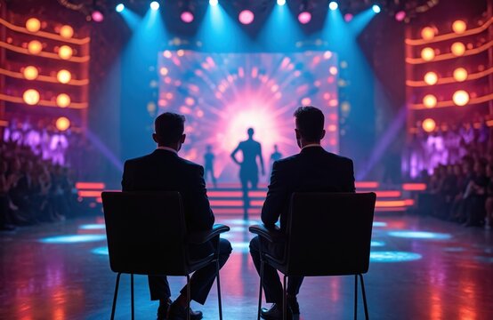 Two judges sit facing stage set awaiting performances. Back view silhouettes of celebrity tv show jury watching talent competition. Modern studio audience anticipating excitement, lights, led panels,