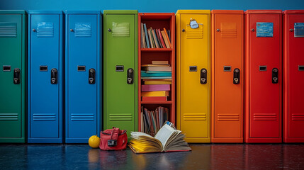 Colorful school lockers with an open door and scattered books on the floor creating a classroom ambience
