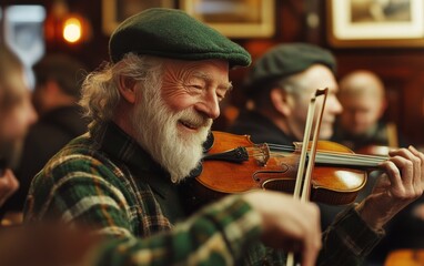 Elderly man playing fiddle with joy in lively pub atmosphere