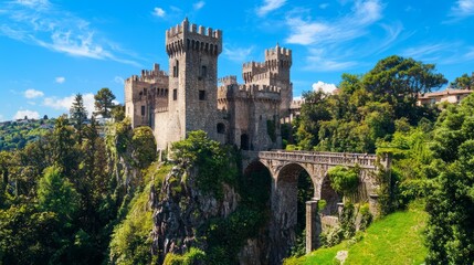 Obraz premium Majestic Medieval Castle on Cliff with Blue Sky and Green Trees