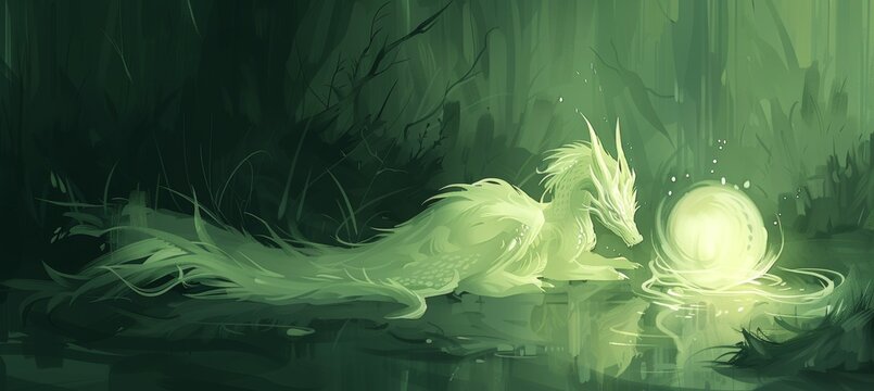 A whimsical dragon playfully curled around a radiant pearl in a serene enchanted forest glade