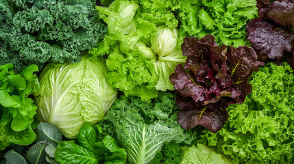 Various fresh salad greens background. Crispness and freshness of vegetable perfect for use in health and nutrition-related designs.