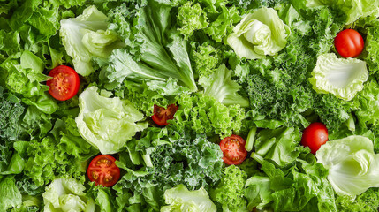 Various fresh salad greens background. Crispness and freshness of vegetable perfect for use in health and nutrition-related designs.