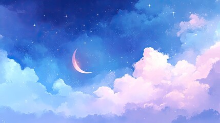 Pastel-colored clouds and celestial elements in watercolor A serene sky scene featuring blue, white, and pink clouds, twinkling stars, and a glowing crescent moon.
