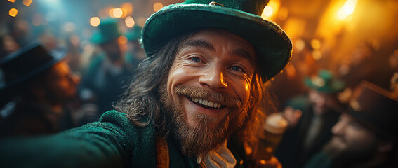 Obraz premium Joyful man wearing leprechaun hat enjoying Saint Patrick beer festival event with a vibrant crowd warm atmosphere