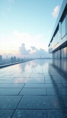 Fototapeta premium A modern rooftop terrace showcasing sleek tiles and a panoramic view of the city skyline under a vibrant sky. Ideal for real estate, architecture, or lifestyle visuals.