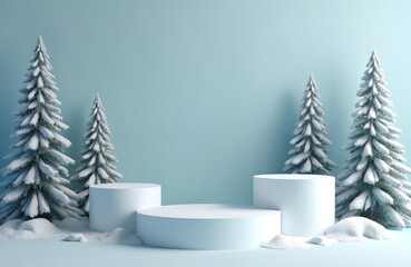 Winter scene featuring three white cylinder podiums surrounded by snow-covered fir trees. Minimalist design appropriate for product display, cosmetic advertising, sale promotion, christmas showcase,