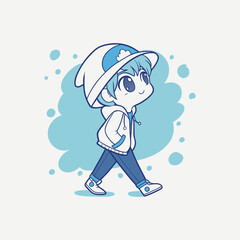 Chibi Anime Boy Blue Cap Oversized Hoodie, and Pastel Aesthetic in Kawaii Minimalist Art