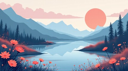 Enchanting scenic landscape with mountains, river, and blooming flowers.