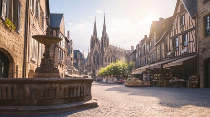Fototapeta premium Medieval Town Square with Large Fountain and Historic Architecture