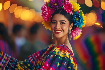 Fototapeta premium Beautiful Young Woman Dancing Flamenco in a Colorful Dress with vibrant lights and bokeh effect - Hispanic Heritage Month