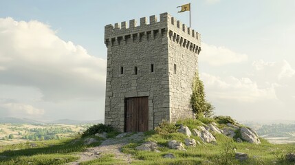 Medieval Watchtower Overlooking Scenic Landscape in Bright Light