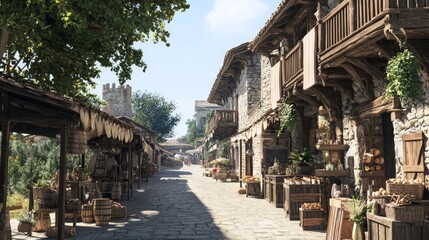 Naklejka premium Lively Medieval Market Street with Rustic Stalls and Stone Buildings