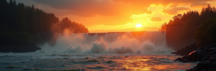 Fototapeta premium A breathtaking sunset over a waterfall, surrounded by lush forests, capturing the essence of nature's beauty and tranquility.