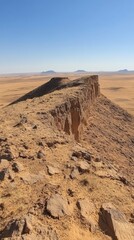 Expansive desert landscape featuring a rocky plateau under a clear blue sky with distant mountains offering a sense of adventure and exploration
