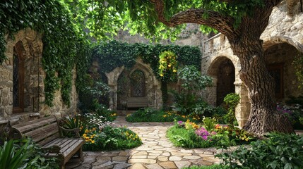 Fototapeta premium Tranquil Medieval Courtyard with Lush Greenery and Flowers