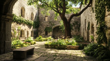 Fototapeta premium Serene Medieval Courtyard Surrounded by Lush Greenery and Stone Walls