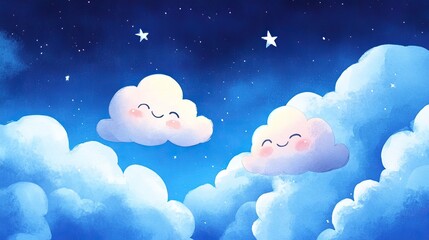 Smiling fluffy clouds floating in a fantasy sky A cheerful celestial-themed watercolor painting with cartoon-style puffy clouds.