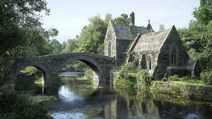 Intricate Medieval Bridge Over Serene Waterway Surrounded by Nature
