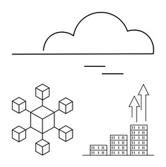 Cloud outline with data blocks in a network and rising buildings with arrows. Ideal for technology, data storage, blockchain, growth, innovations, analytics, scalability. Abstract line flat metaphor