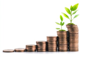 Pile of coins with a growing plant on top symbolizing financial growth isolated on white background.