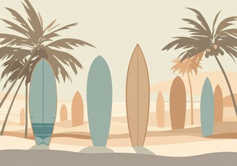 Surfboards lined up on a serene beach with palm trees in the background