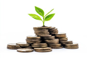 Pile of coins with a growing plant on top symbolizing financial growth isolated on white background.