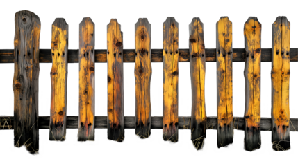 Weathered Wooden Fence Winter Scene with Snow, Aged Farm Style for Rural Themes, isolated on transparent background.