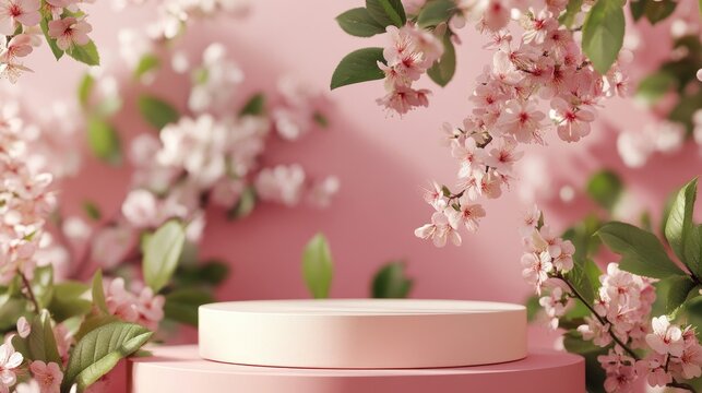 Soft-focus floral background with a floating circular podium, adorned with freshly blooming spring flowers.