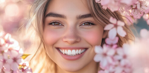Fototapeta premium Close-up portrait of a woman radiating joy with flowers framing her face in a sunny outdoor setting during springtime