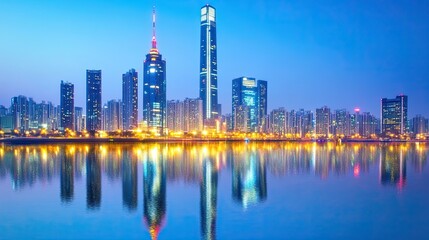 Obraz premium Night City Skyline Reflecting in Calm Water