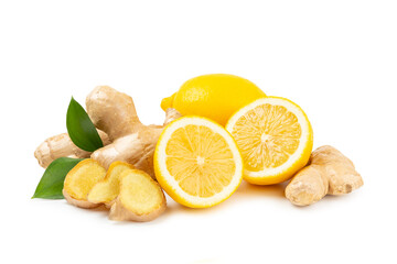Fresh ginger and lemon isolated on white background. Sliced ​​ginger. Ginger root. Traditional...