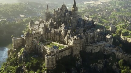 Fototapeta premium Majestic Medieval Castle Surrounded by Lush Greenery and Hills