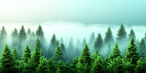 Fototapeta premium fog drifting through pine forest at dawn, mysterious scenery