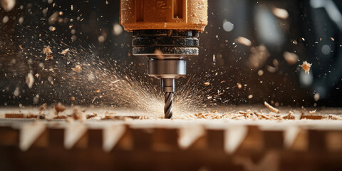 Close-up of an industrial drill working on wood, sending out shavings and debris in a bustling workshop environment