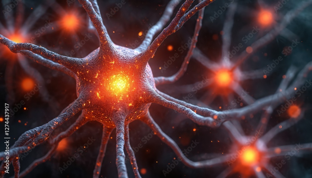 Poster neuron cells send electrical signals in brain neural activities. electric nerve cell anatomy, human 